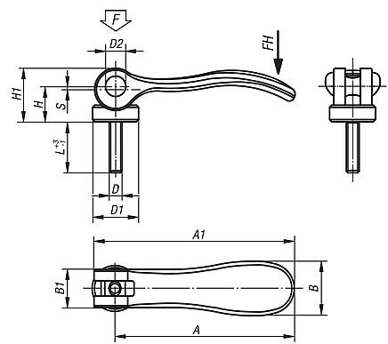 Cam levers, stainless steel  with external thread, thrust washer and stud stainless steel - inch