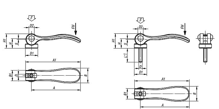 Cam levers, stainless steel with internal or external thread, plastic thrust washer and stainless steel stud - inch