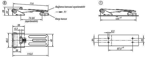 4000N'a kadar sac braketli çelik veya paslanmaz çelik gerdirme mandalları, ayarlanabilir, vidalama delikleri gizli, uzun versiyon, Form B, emniyet mandallı