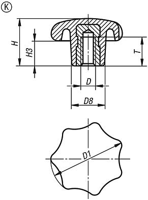 Yıldız tutucular, DIN 6336 standardına benzer, içten dişli, Form K