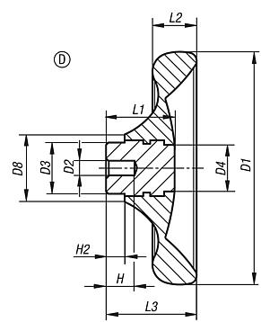 Disk tipi el çarkları, kolsuz, burç paslanmaz çelik, Form D, hazır delikli