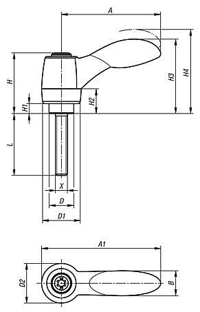 Clamping levers 2K with external thread, threaded pin black oxidised steel