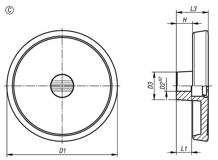 Disk tipi el çarkları, alüminyum, kolsuz, Form C, geçme delikli ve uygu kamalı