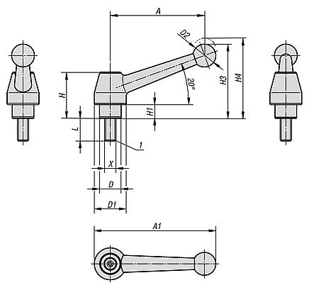 Clamping levers, electropolished stainless steel, with external thread, threaded insert stainless steel - inch