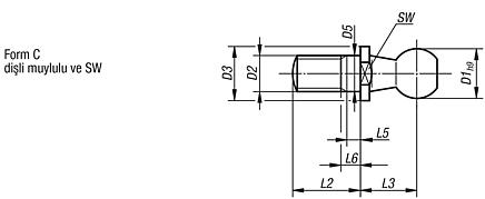 Küresel pim, açı mafsalları için, DIN 71803 Form C