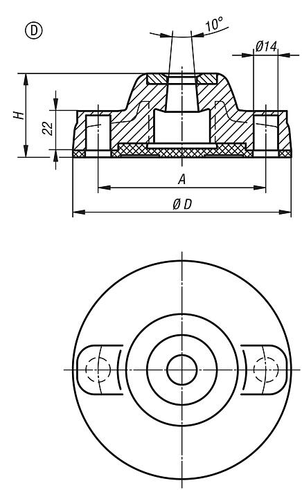 Makina ayakları için disk, plastik, ağır tip, Form D