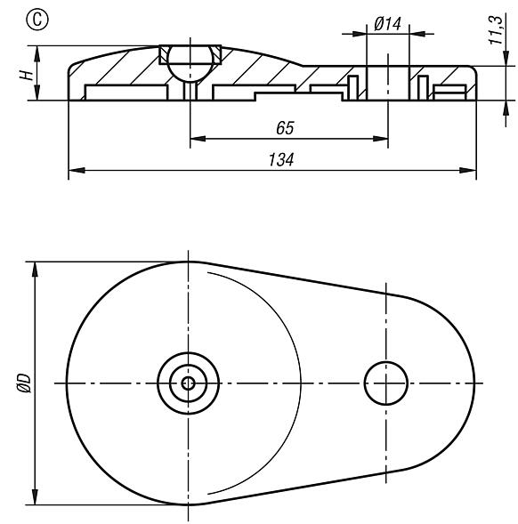 Kollu disk, mafsallı ayaklar için, çinko basınçlı döküm, Form C