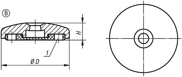 Makina ayakları için disk, çinko basınçlı döküm veya paslanmaz çelik, Form B