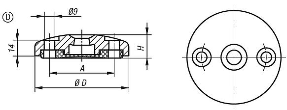 Makina ayakları için disk, çinko basınçlı döküm veya paslanmaz çelik, Form D