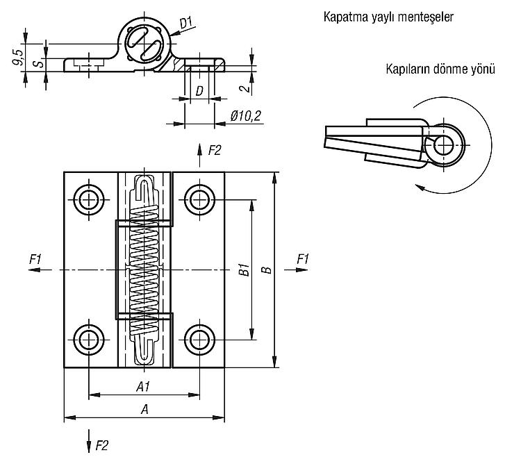 Yaylı menteşeler, alüminyum profil gergi yaylı menteşe 1,3 Nm, yay kapanır