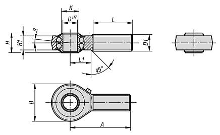 Mafsallı başlıklar, bilyalı rulmanlı dıştan dişli, DIN ISO 12240-4