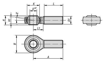 Mafsallı başlıklar, kaymalı yataklı dıştan dişli, paslanmaz çelik, DIN ISO 12240-4