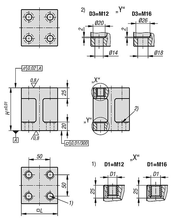 Yükseklik blokları, gri döküm Form H, kısa model