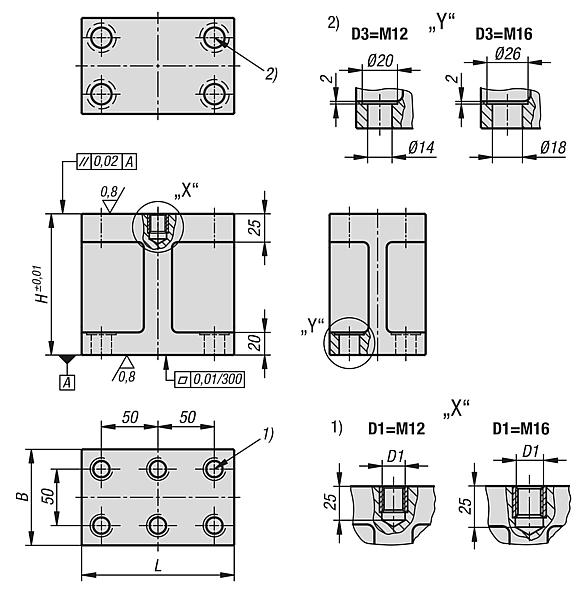 Yükseklik blokları, gri döküm Form H, uzun model