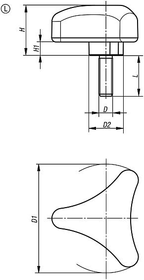 Üç kollu tutamak, ergonomik, dıştan dişli