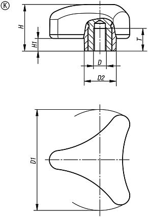 Üç kollu tutamak, ergonomik, içten dişli