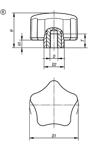 Beş kollu tutamak, ergonomik, içten dişli