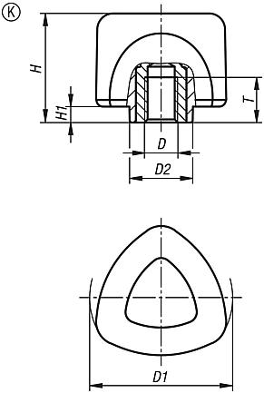 Üç kollu tutamak, ergonomik, 2K, içten dişli
