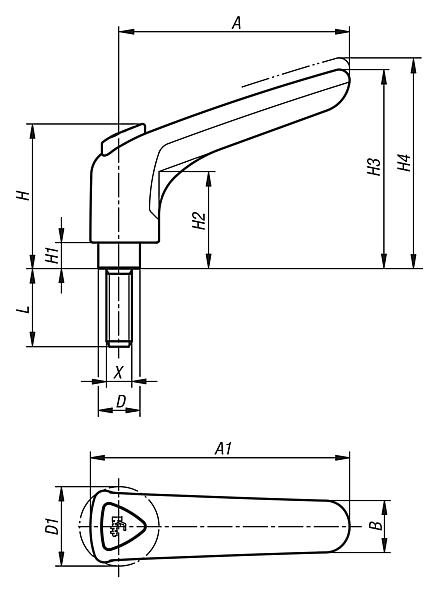Clamping levers, plastic, ergonomic, with external thread, threaded pin blue passivated steel
